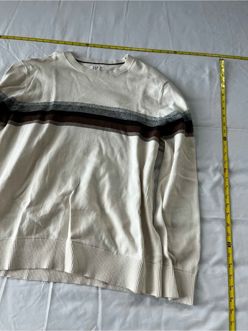 GAP Cream Crewneck Sweater with Gray and Brown Stripes